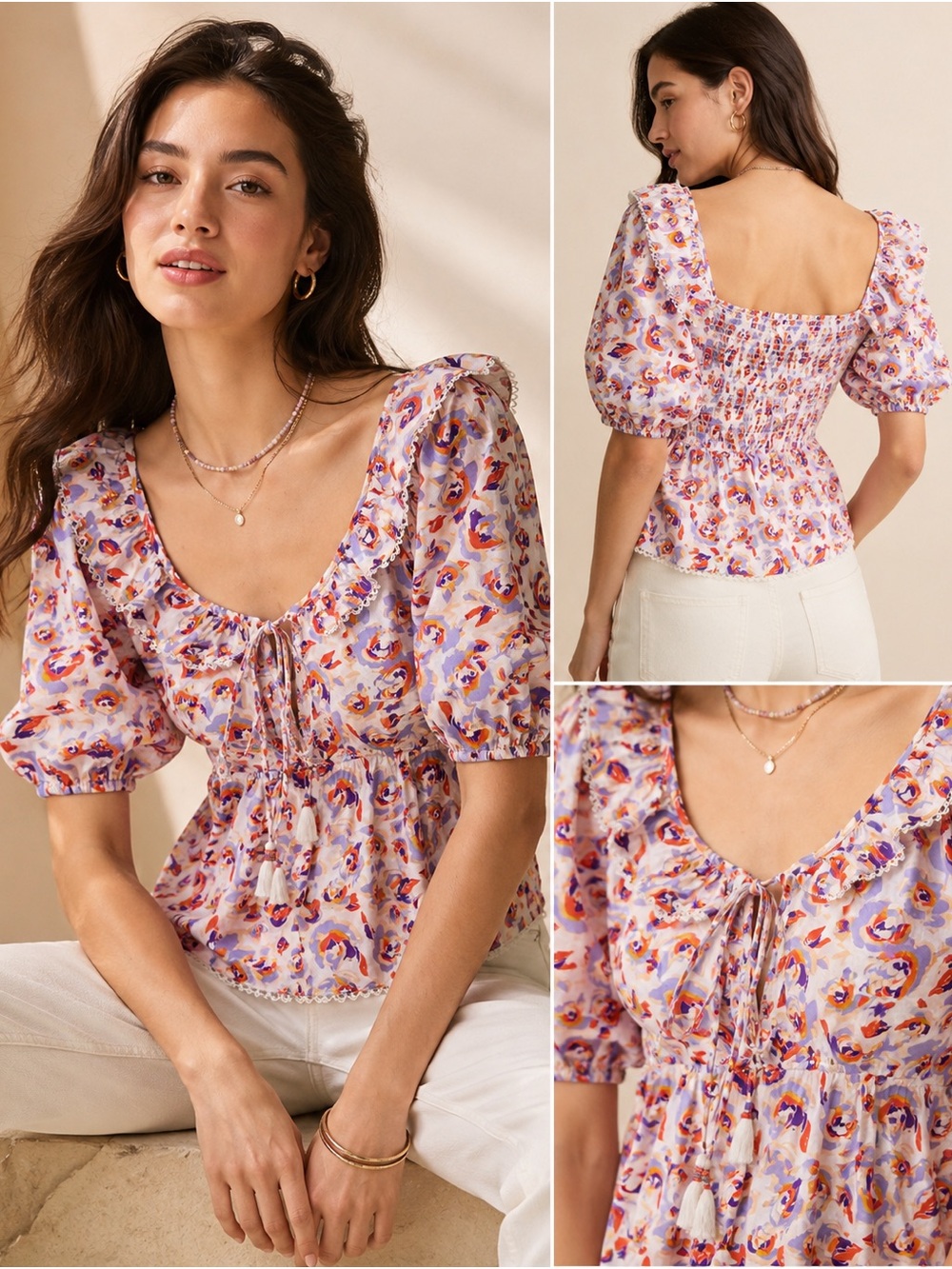 Maeve Anthropologie Floral Peasant Blouse 100% Cotton Puff Sleeve Size Medium